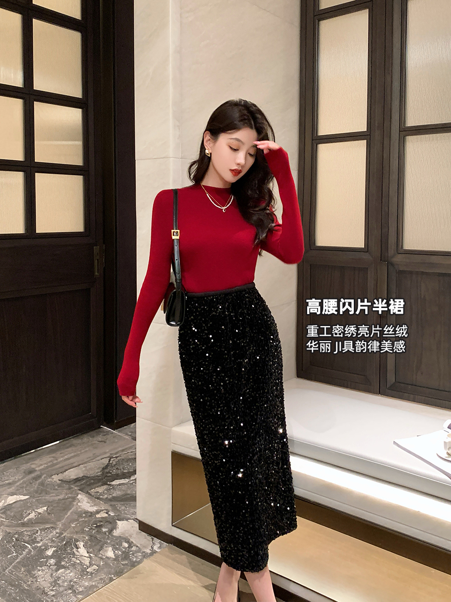 黑色亮片半身裙中长款春秋款