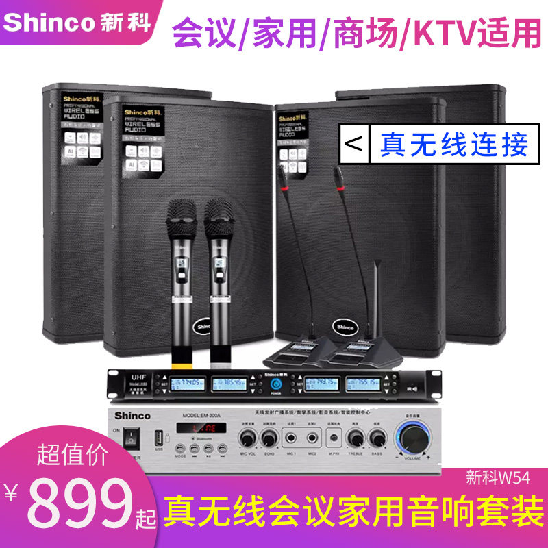 新科W54 有源无线会议室音响套装 KTV家用教学无线功放麦克风音箱设备无线KTV会议音响双麦套装一拖四
