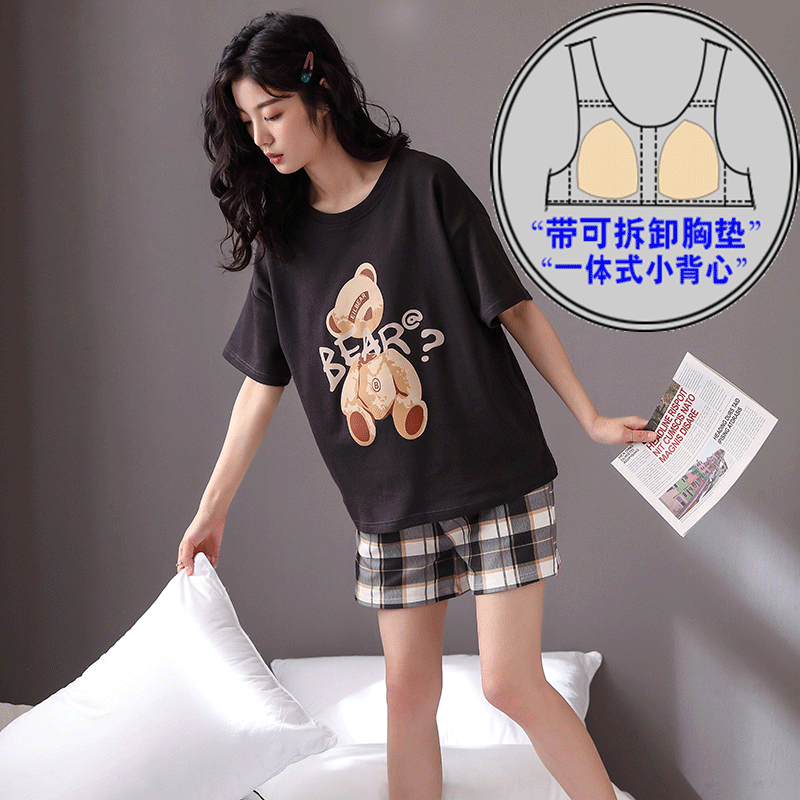 带胸垫睡衣夏季纯棉短袖可爱卡通小熊少女可外穿可出门家居服套装