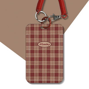 幸运复古红格公交卡学生饭卡校园门禁卡证件卡套工牌钥匙链一体