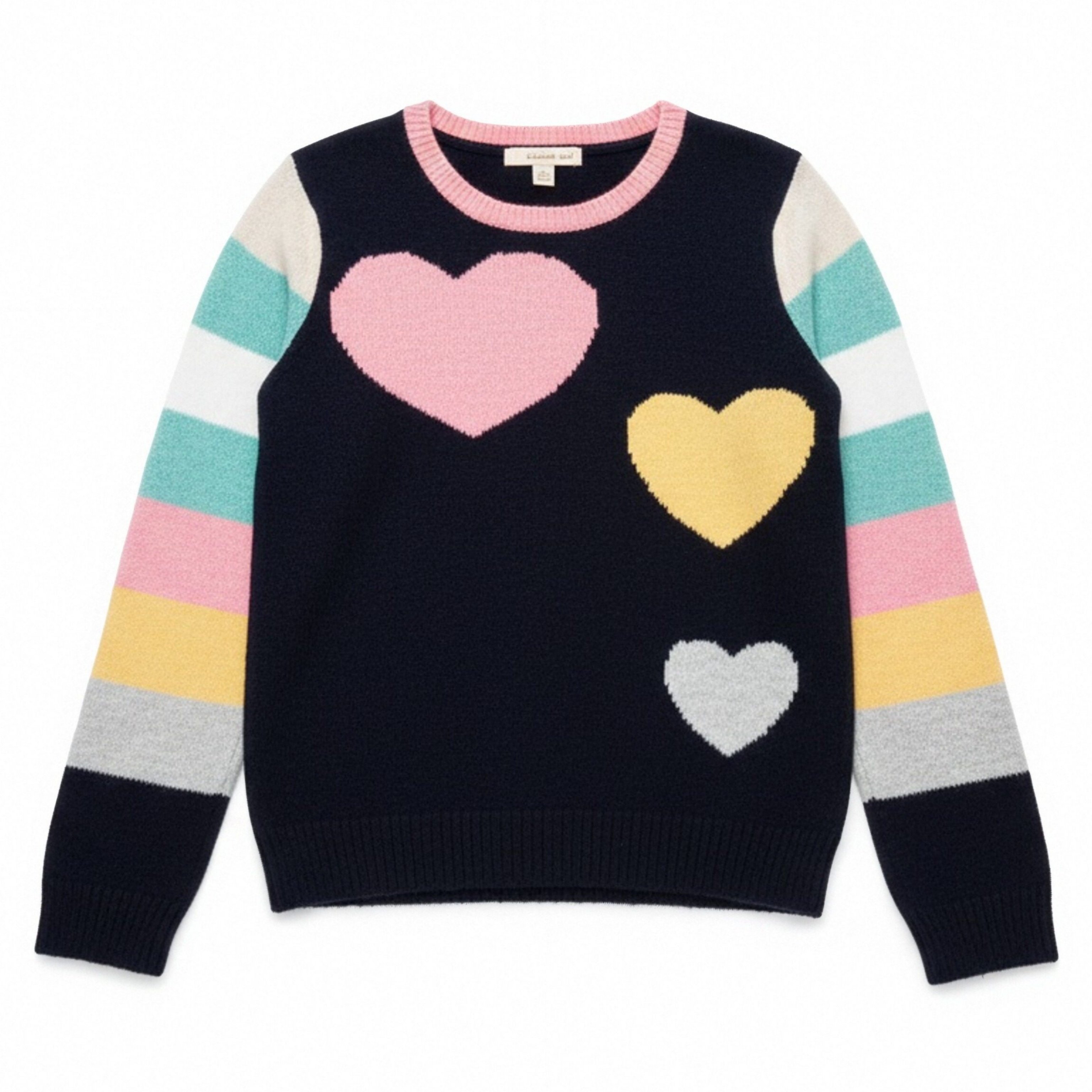 西班牙单春秋宝蓝配三色爱心图案女童装长袖圆领套头外穿针织毛衣,童装/婴儿装/亲子装,毛衣/针织衫,淘宝优惠券,粉丝福利购,淘宝优惠卷