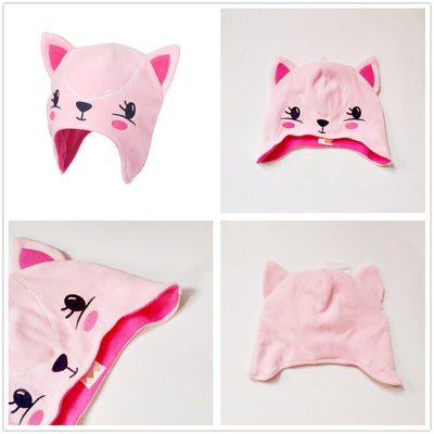 外贸摇粒绒护耳粉红色小熊保暖帽