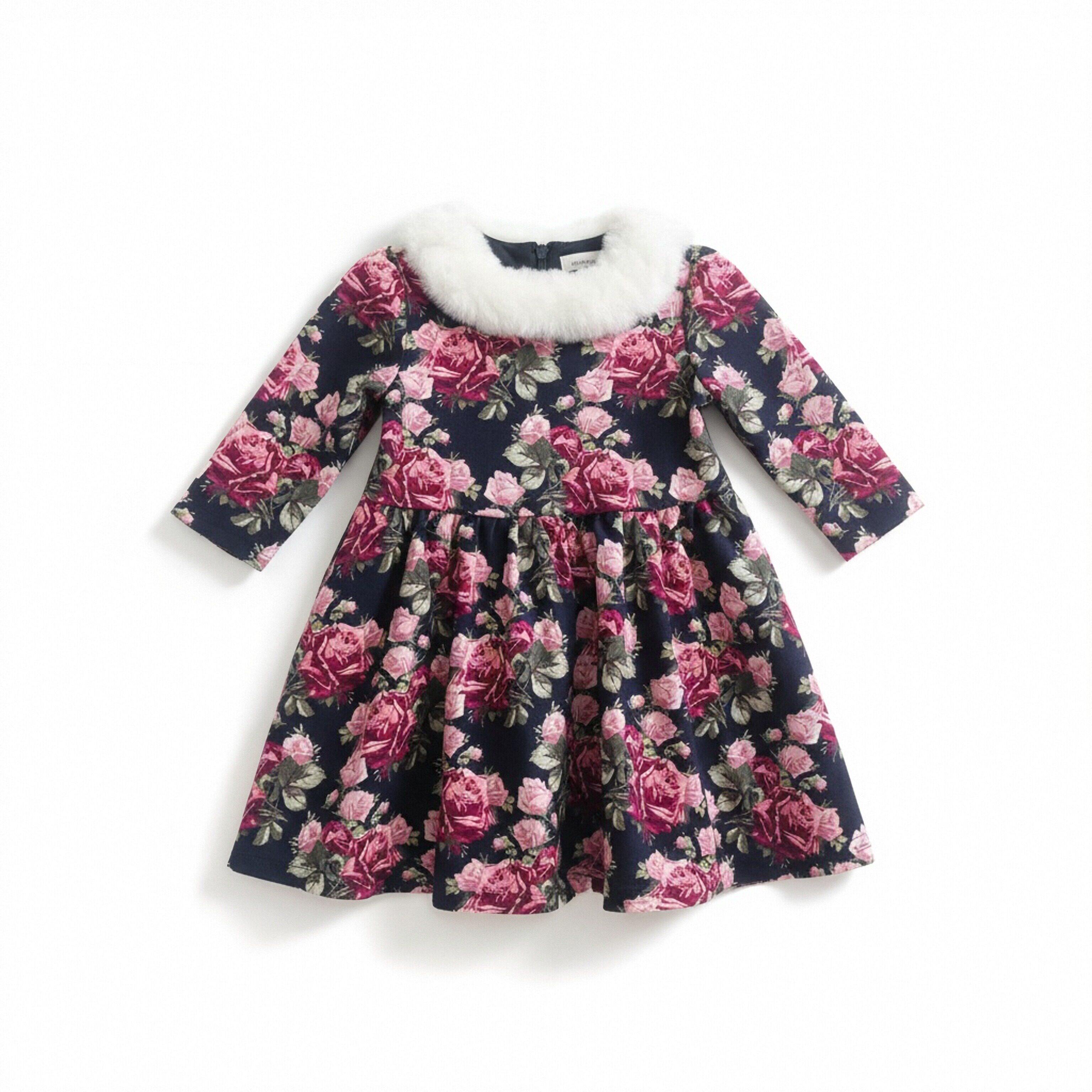 JANIE AND JACK藏青色粉色玫瑰花春秋冬长袖优雅女童连衣裙公主裙