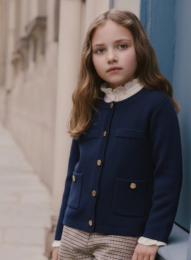 JANIE AND JACK小香风藏青春秋冬季女童长袖配裙外穿针织毛织外套