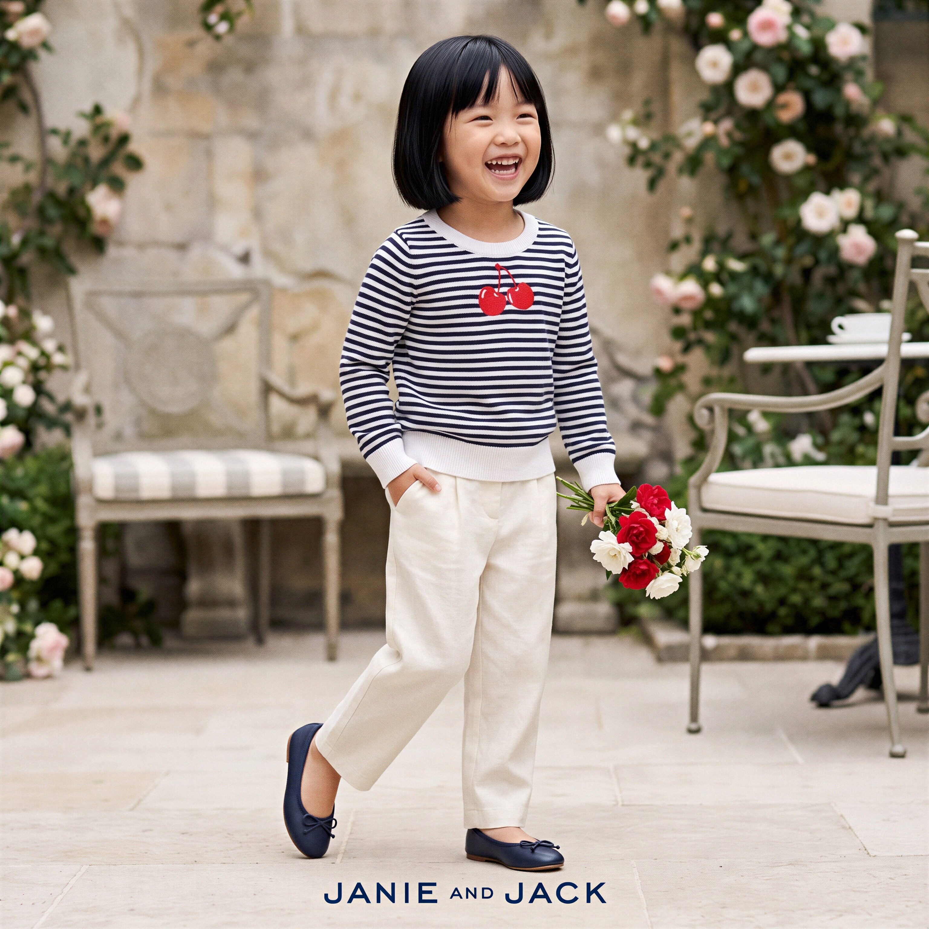 JANIEANDJACK深蓝白条纹樱桃圆领纯棉春秋冬学院女童长袖针织毛衣