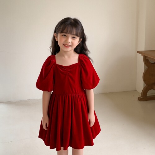 新年红天鹅绒女童学院风公主裙