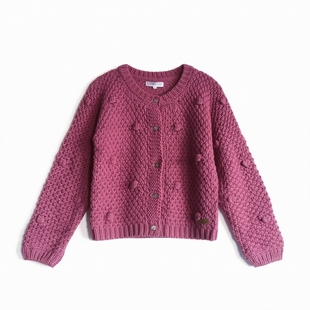 西班牙单玫粉色斑驳编织圆领长袖春秋冬季女童长袖针织配裙开衫