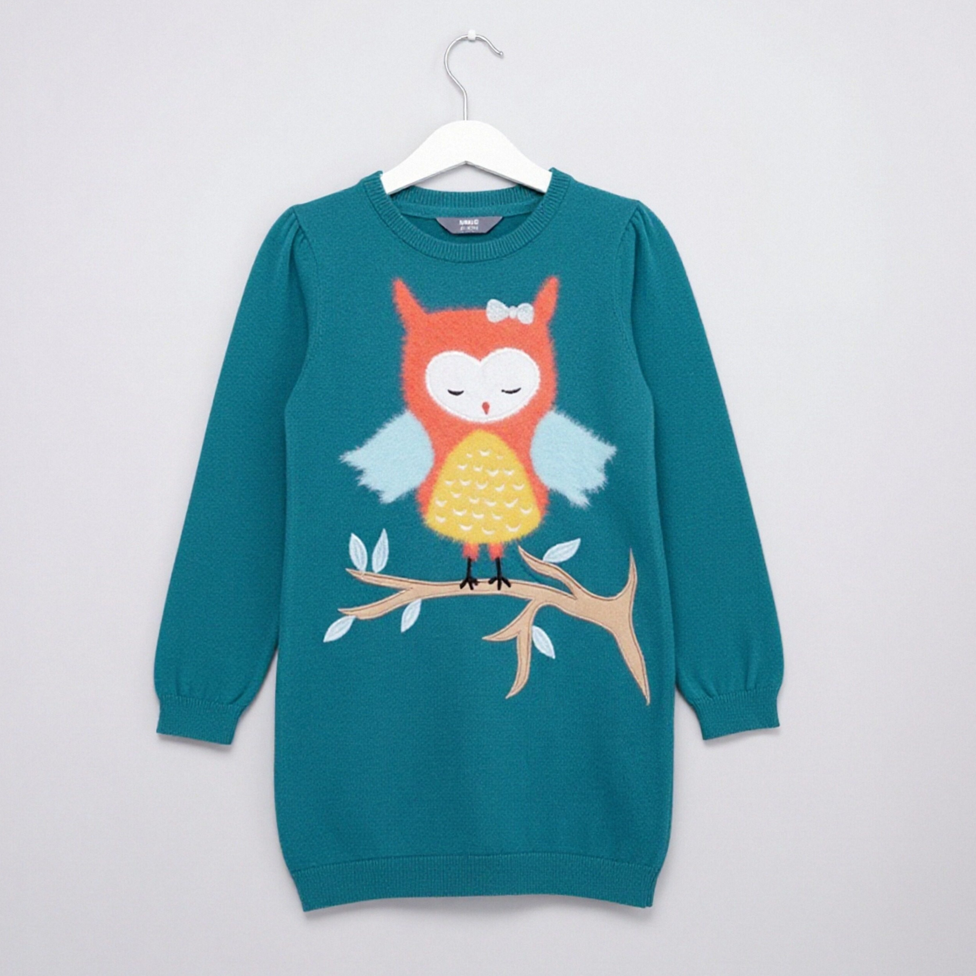 西班牙订单湖绿色春秋冬圆领树梢猫头鹰春秋冬女童长袖针织毛衣裙,童装/婴儿装/亲子装,连衣裙,淘宝优惠券,粉丝福利购,淘宝优惠卷