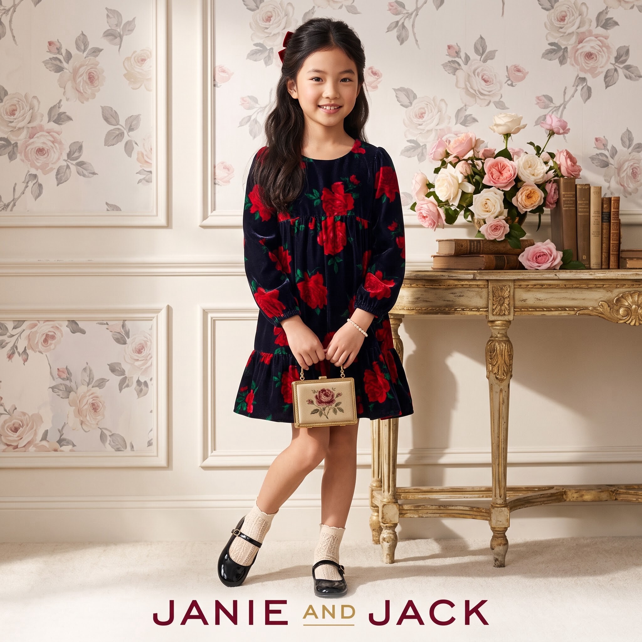 Janie and Jack气质春秋天鹅绒藏青玫瑰复古优雅女童连衣裙公主裙