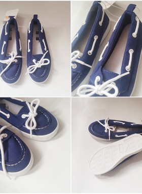 美单深蓝色春夏款高档一脚蹬防滑软底出游户外外搭男童船鞋帆布鞋