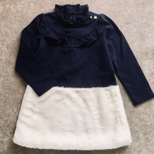Janie and Jack宝蓝色春秋冬季节拉架棉配仿皮草女童A字连衣裙