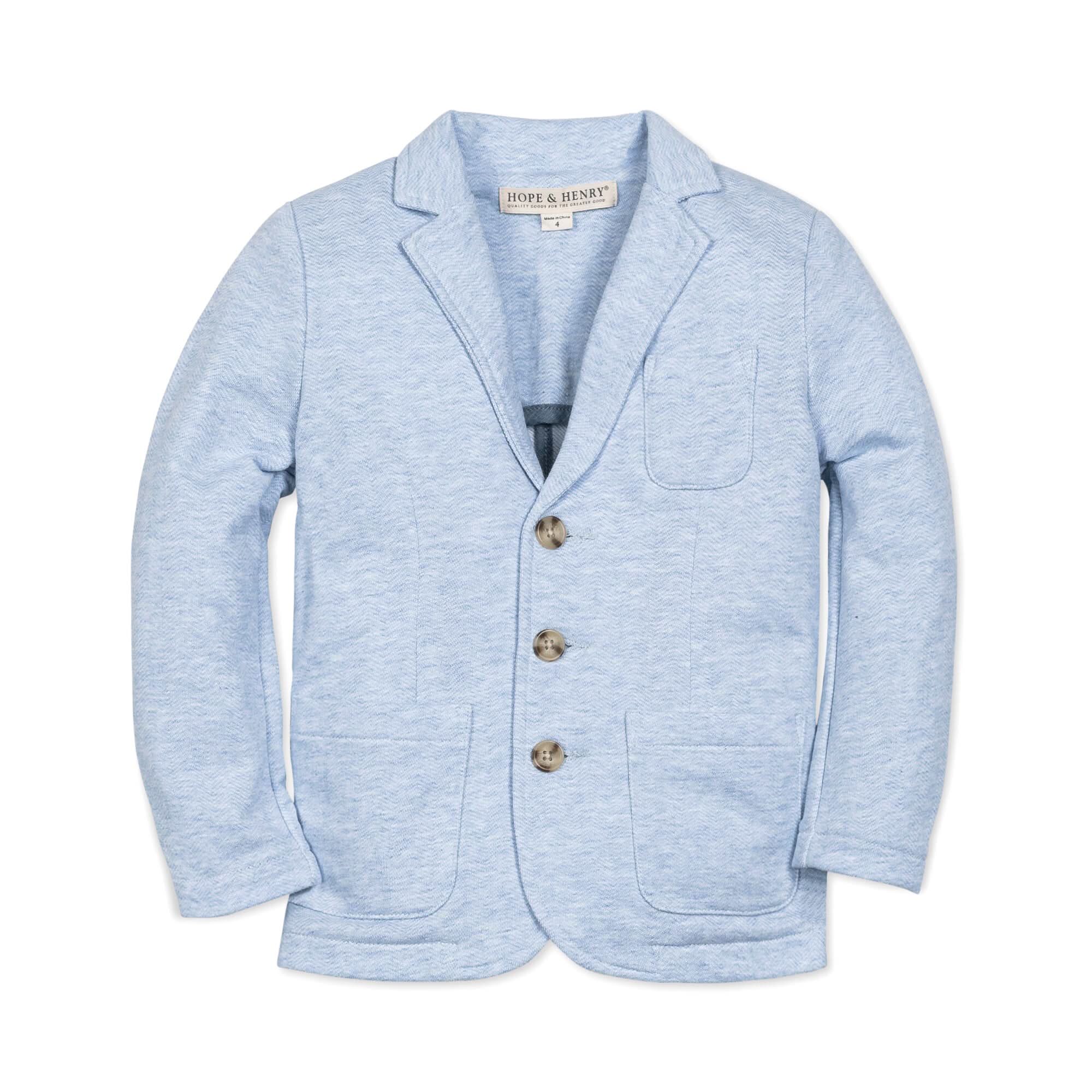 美单有机棉人字纹春夏季天蓝色纽扣帅气学院风休闲男童小西装套装