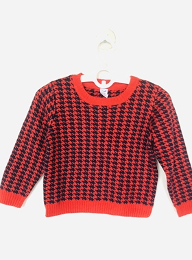 Janie and Jack秋冬季节红色千岛格2岁纯棉圆领长袖针织毛衣