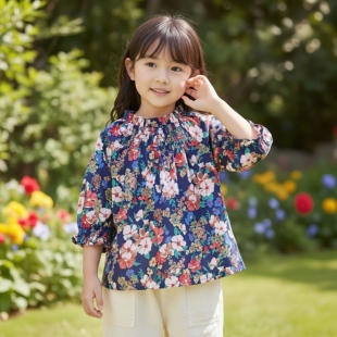 JANIEANDJACK纯棉春夏秋优雅深蓝色底配花瓣女童高档中袖上衣衬衫
