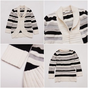 美单出口女童棉春秋冬木耳边长袖长款针织毛衣黑白色条纹外搭开衫