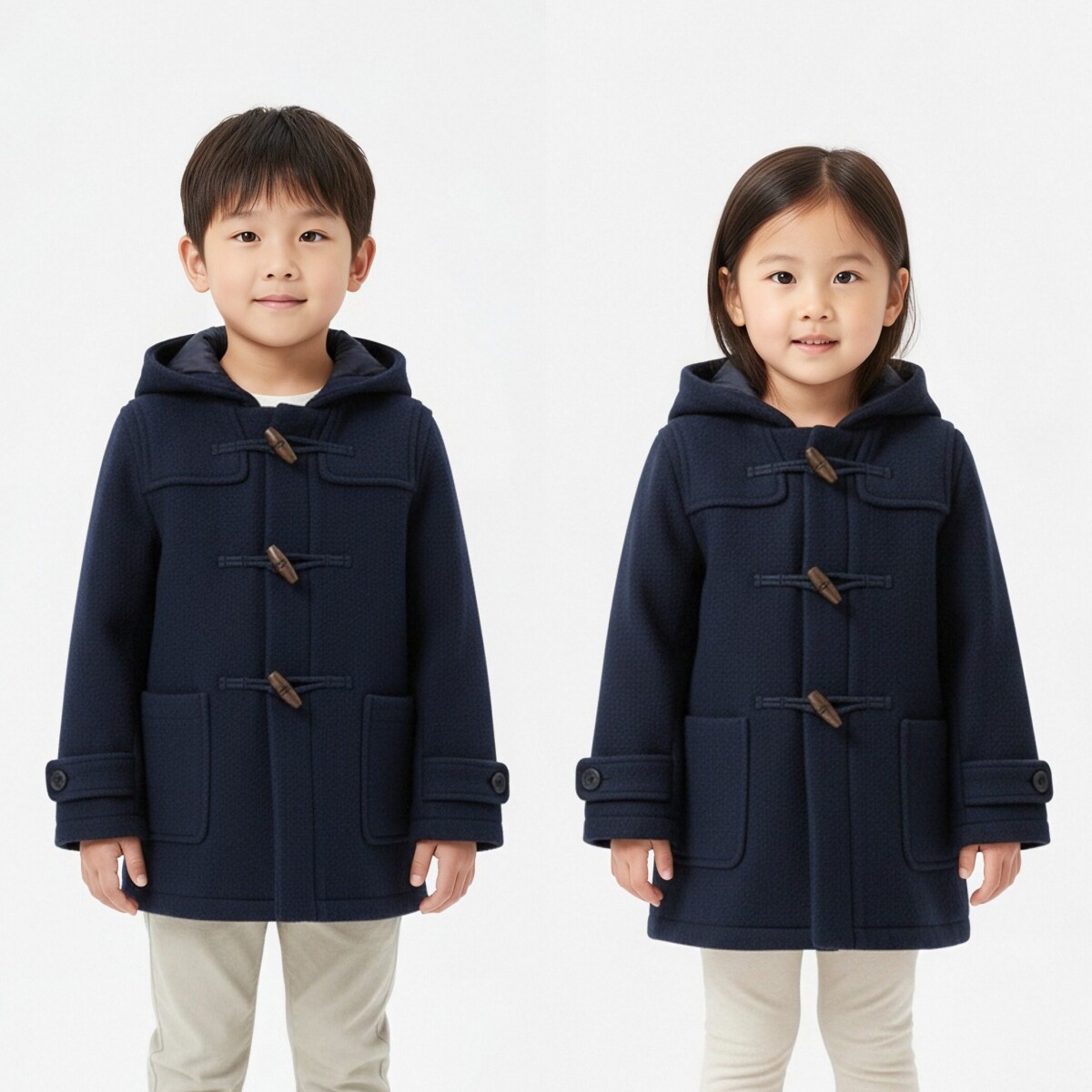 西班牙单藏青色男女童羊毛混纺秋冬复古木扣拉链保暖长袖连帽大衣