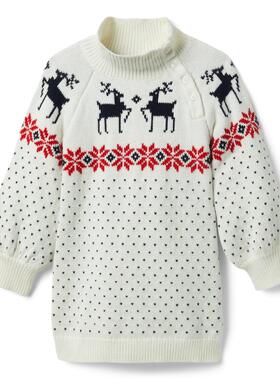 JANIE AND JACK白色麋鹿雪花中高领秋冬季混纺女童长袖厚款连衣裙