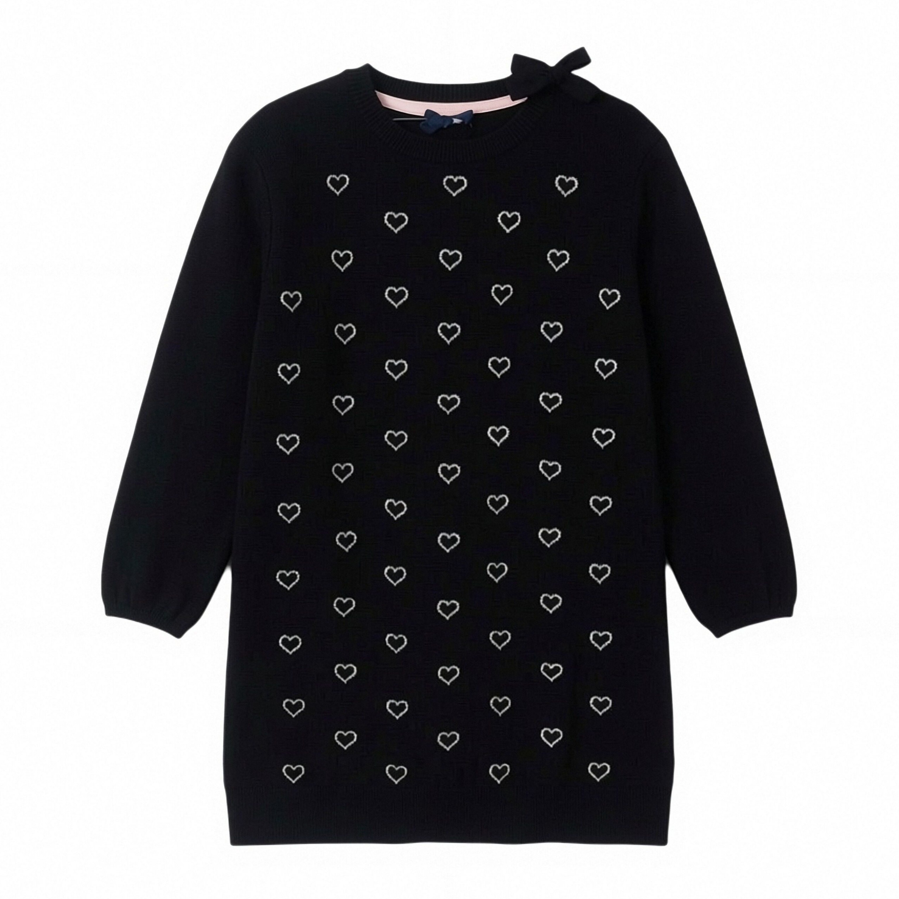 美单春秋冬黑色爱心蝴蝶结学院风纯棉女童长袖圆领针织毛衣连衣裙