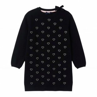 美单春秋冬黑色爱心蝴蝶结学院风纯棉女童长袖圆领针织毛衣连衣裙