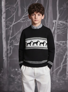 JANIE AND JACK纯棉黑色电脑织花小狗狗图案圆领长袖男童针织毛衣