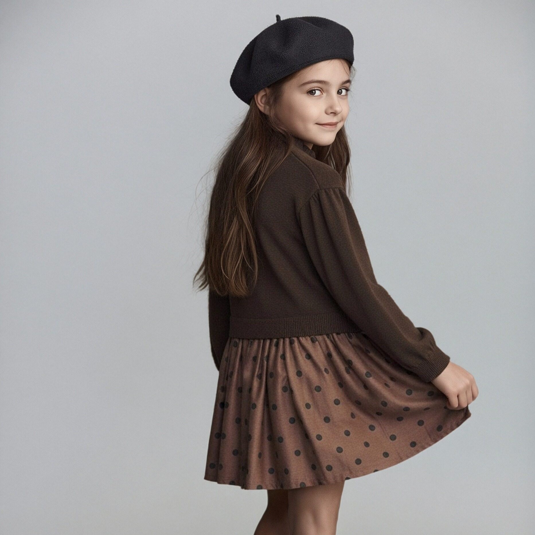 美单纯棉巧克力色木耳边学院风春秋冬高档长袖女童针织波点连衣裙