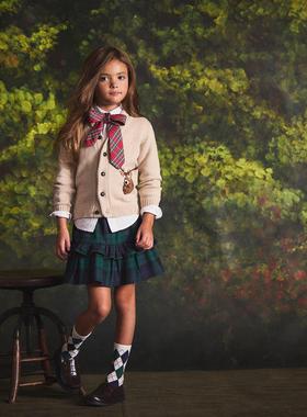 JANIE AND JACK新款纯棉暗绿色学院风格子女童松紧弹力短裙半身裙