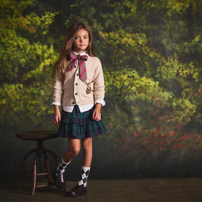 学院风纯棉暗绿女童松紧短裙