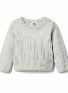 JANIE AND JACK浅灰色刺绣绞花春秋冬圆领女婴童宝宝针织长袖毛衣
