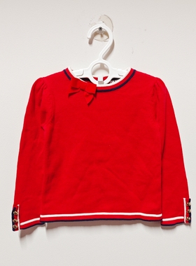 JANIE AND JACK纯棉学院风高档橘红色蝴蝶结女童圆领长袖针织毛衣