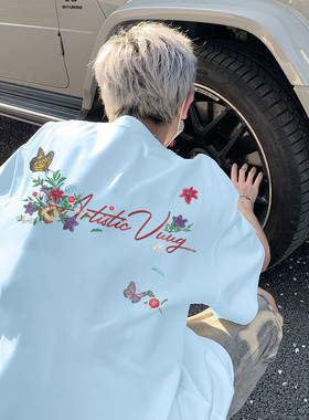 ISFV夏季美式潮牌手写花卉仿刺绣印花设计街头休闲情侣短袖T恤