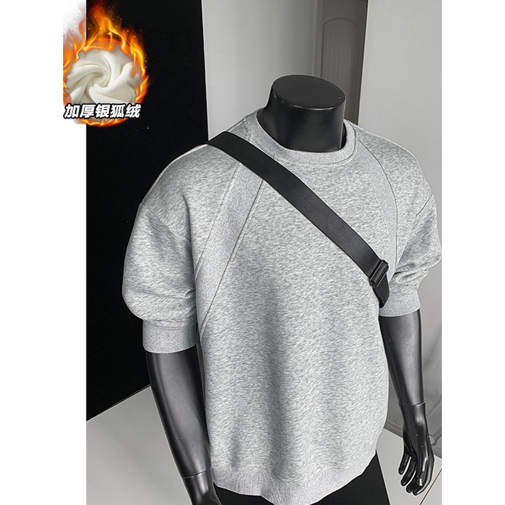 纯色拼接结构圆领长袖T恤男款秋冬季cleanfit慵懒风加绒保暖卫衣