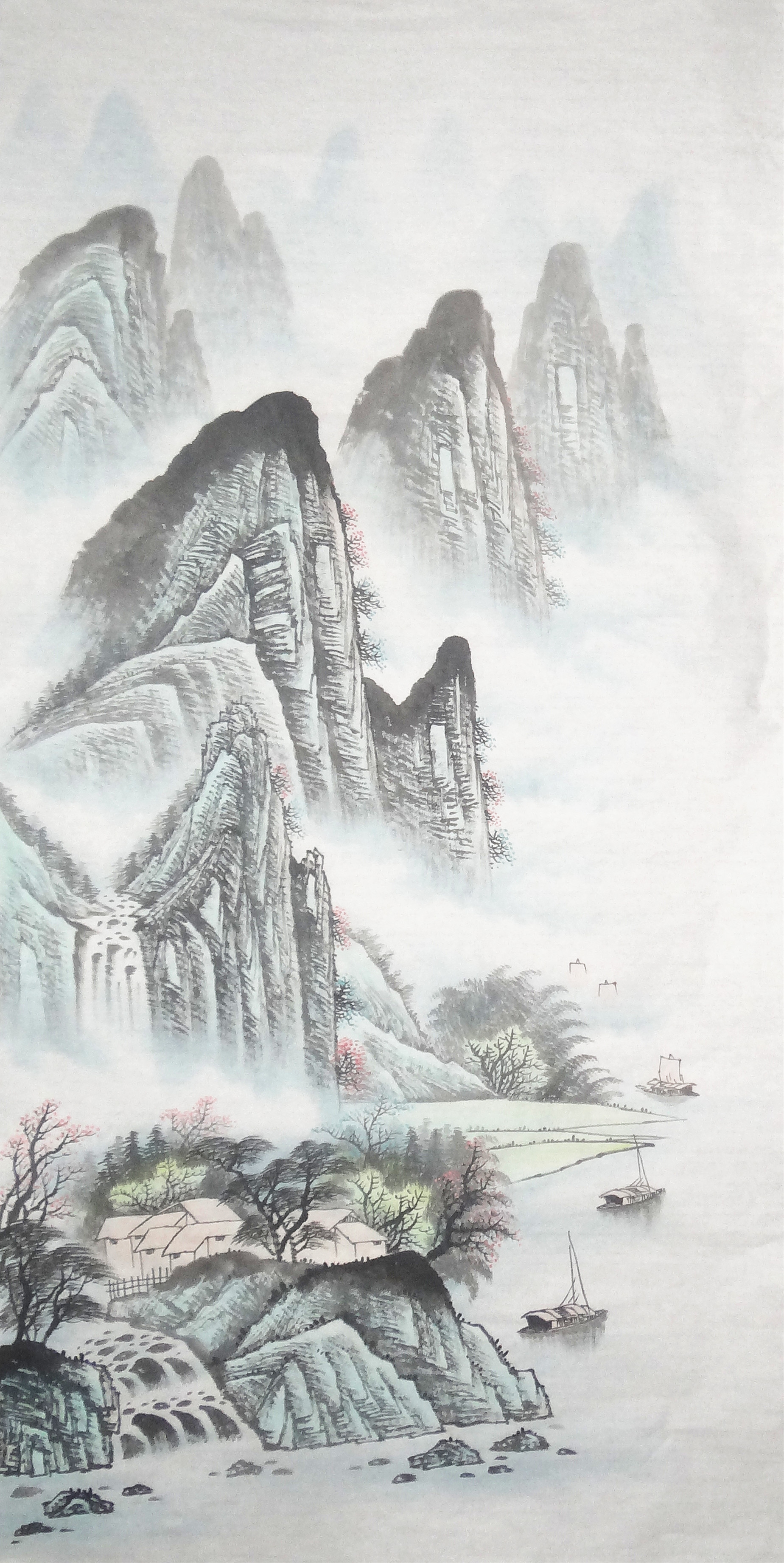 纯手工国画四尺山水画竖幅源远流长条幅富水长流风水画