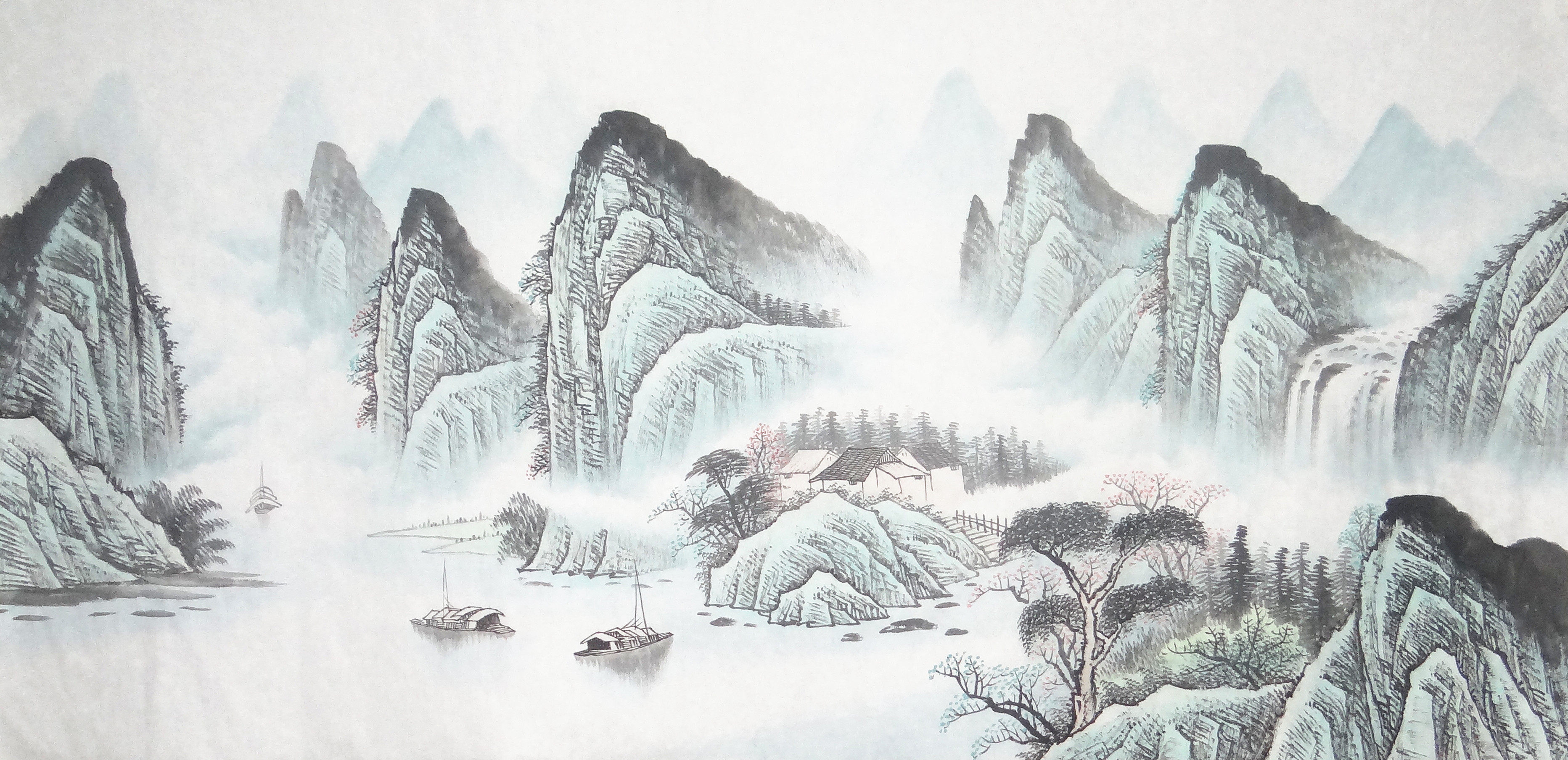 纯手绘横幅四尺桂林漓江山水画 未装裱风水画芯