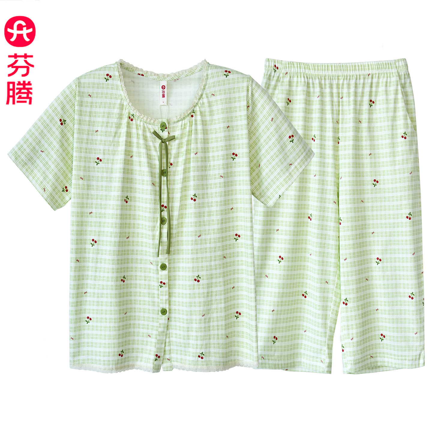芬腾纯棉睡衣女款小碎花v领夏季短袖5分裤甜美休闲宽松家居服套装