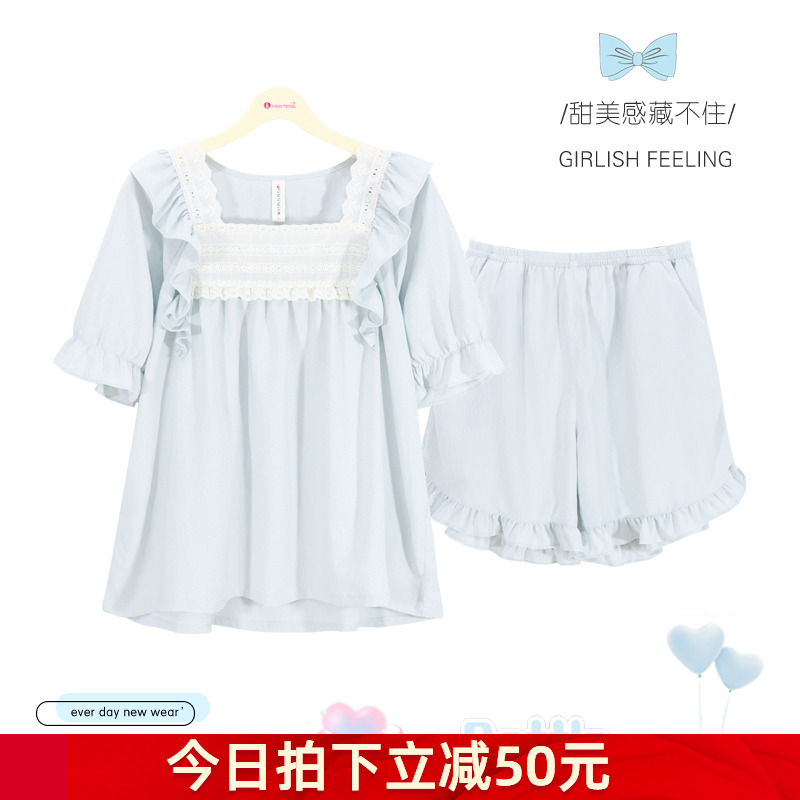 芬腾睡衣女夏季新款短袖短裤梭织方领高级感宫廷风家居服春夏套装