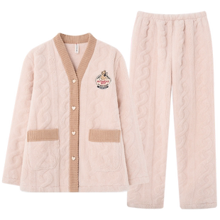 芬腾时尚睡衣女秋冬季日系韩版珊瑚绒家居服保暖加厚绒法莱绒冬天