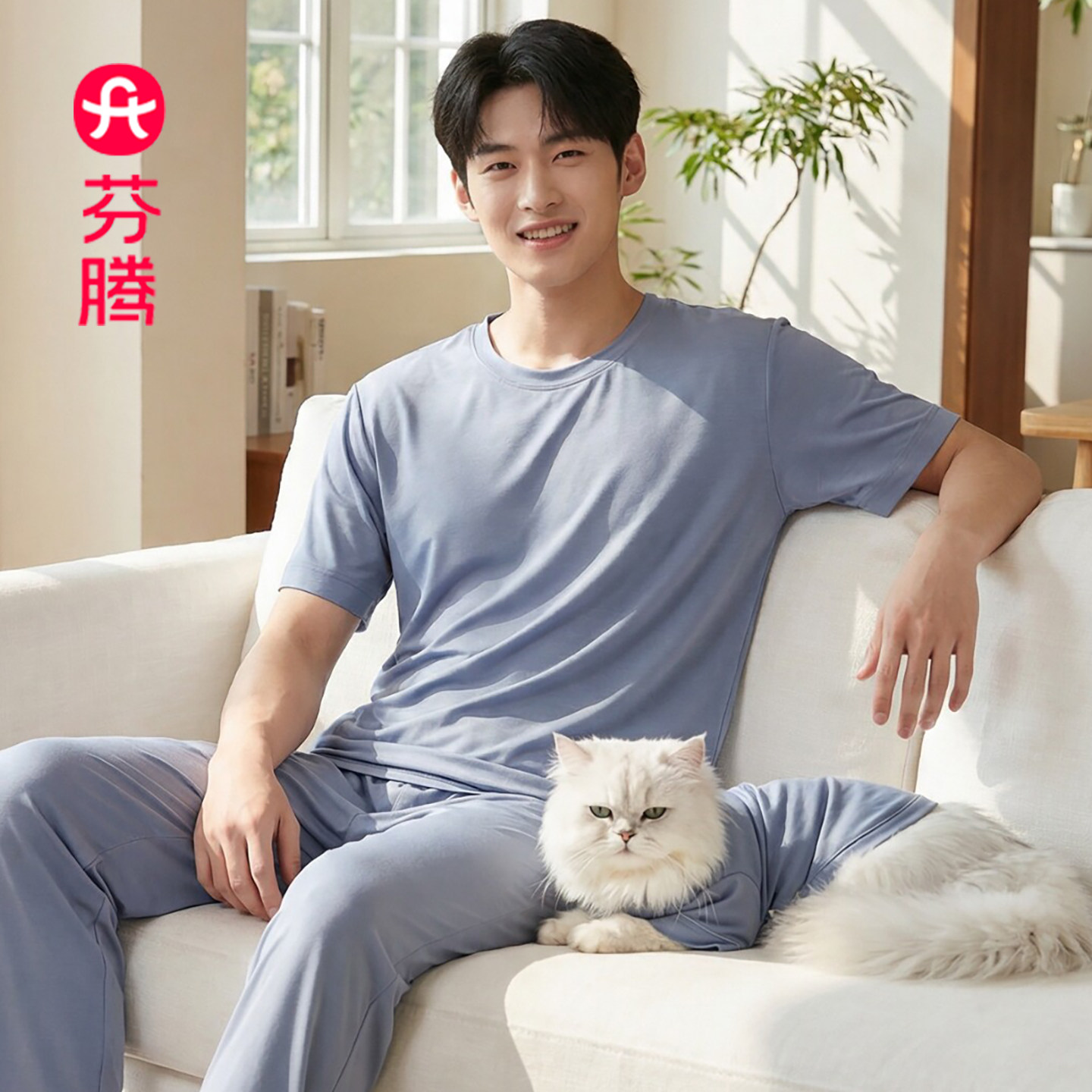 芬腾男士睡衣春夏薄款三件套装长袖短袖凉感纯棉休闲家居服可外穿