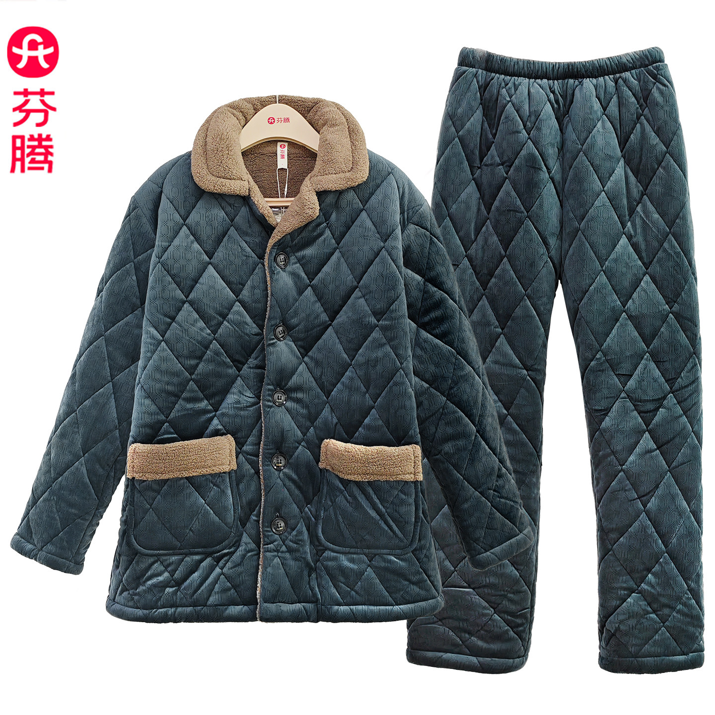 芬腾家用睡衣男款三层夹棉加绒加厚珊瑚绒冬季可外穿抗静电家居服