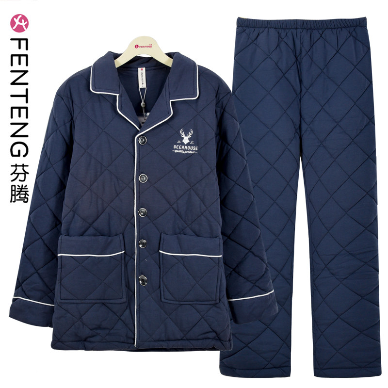 芬腾睡衣男款秋冬季薄夹棉三层加绒加厚可外穿抗静电柔软舒适套装