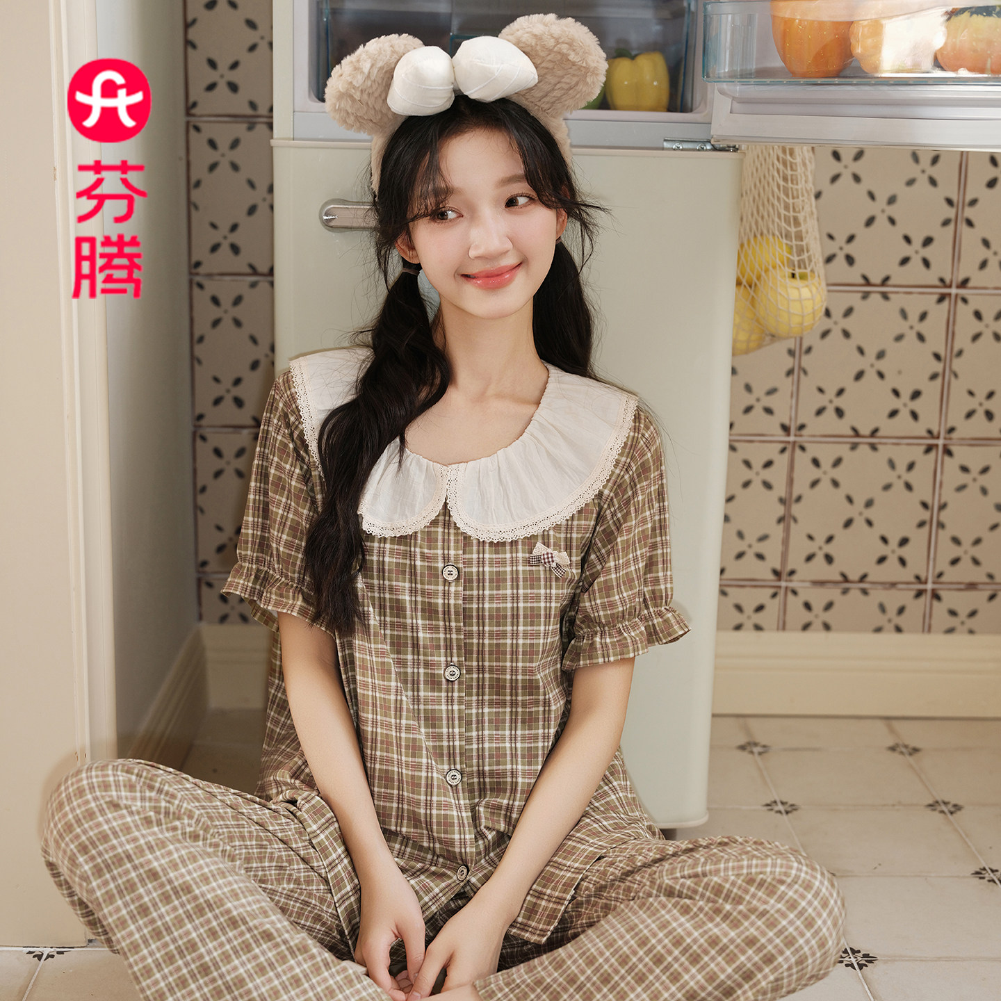 芬腾春夏女款复古文艺格子娃娃领短袖长裤纯棉居家服睡衣套装