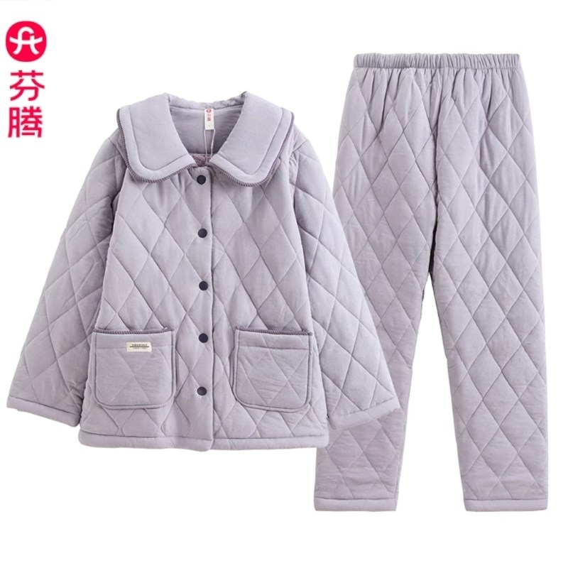 芬腾睡衣冬季新款珊瑚绒三层加厚夹棉简约中年妈妈家居服三防面料