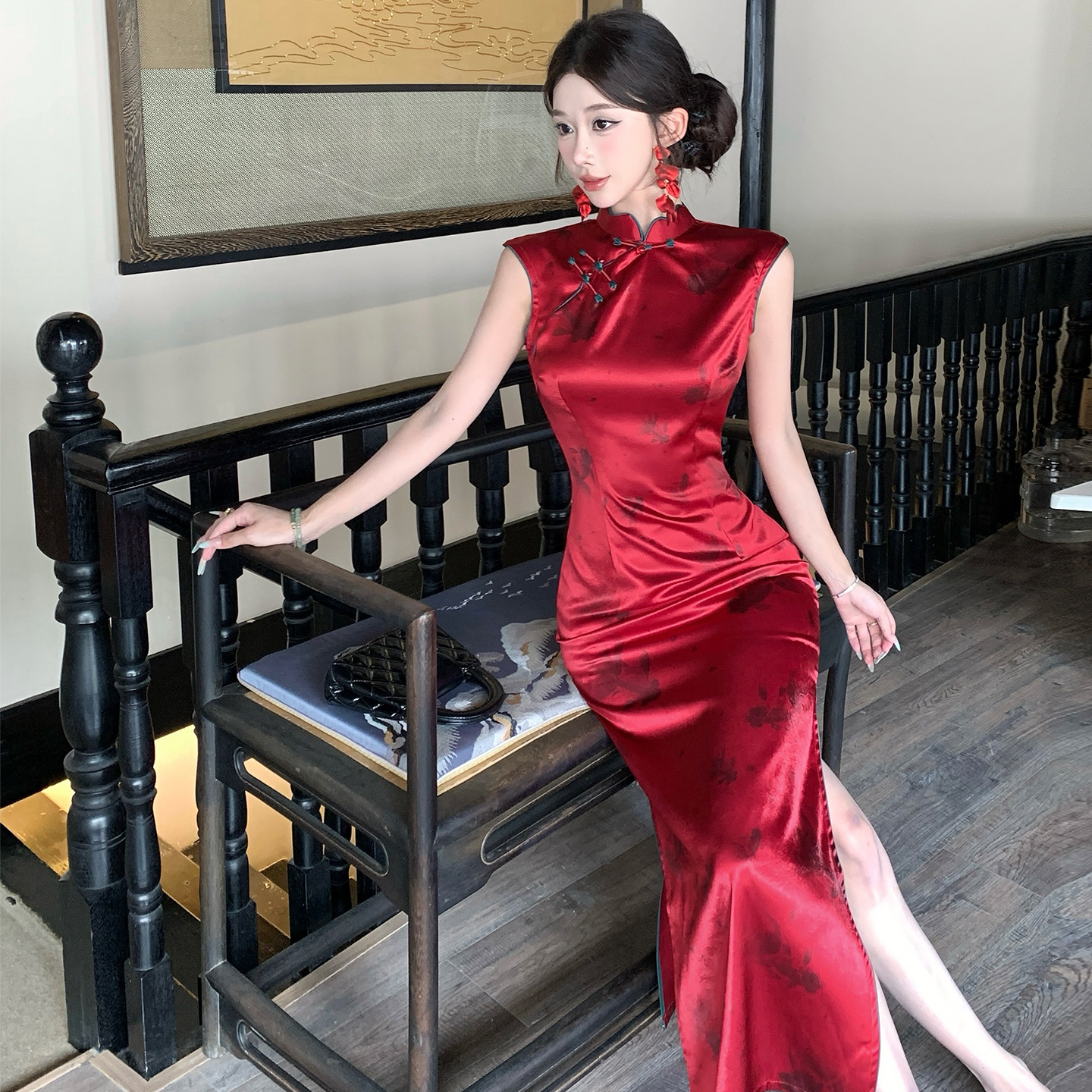 红色旗袍无袖缎面高端年会礼服女
