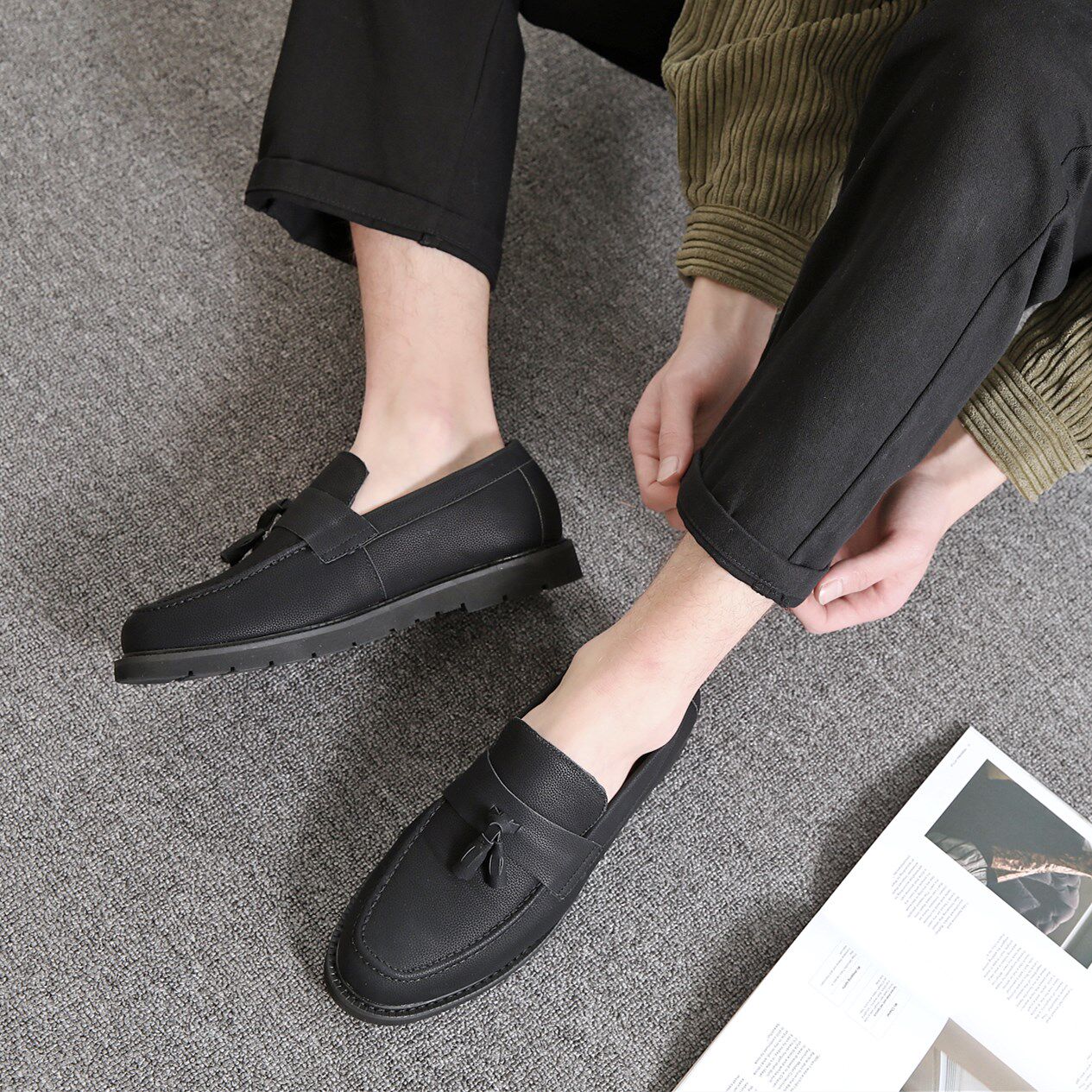 夏季豆豆鞋男韩版潮学生一脚蹬黑色百搭懒人鞋厚底青年休闲小皮鞋