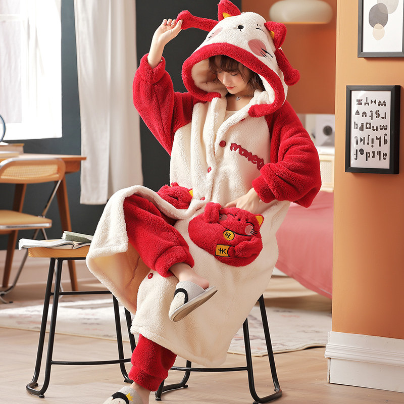 女士冬季珊瑚绒睡衣大码加厚长袍绒睡袍红色本命年招财猫居家套装