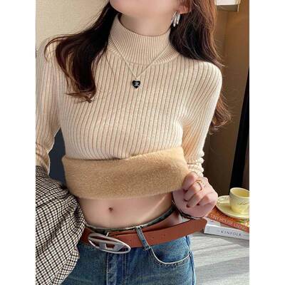 半蓝2色毛OVIZPN女式绒内衬秋冬高底025新款高衣领羊衬里底衫东北