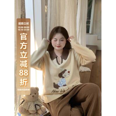 条大码女装 H覆古提尺花刺绣l撞色poo领松胖mm秋YQD冬宽BM套毛头