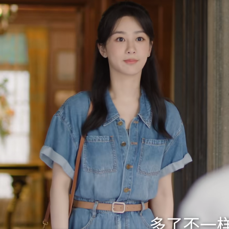 高端新品承欢记杨紫麦承欢同款夏蓝色牛仔连衣裙短袖中长款衬衫裙