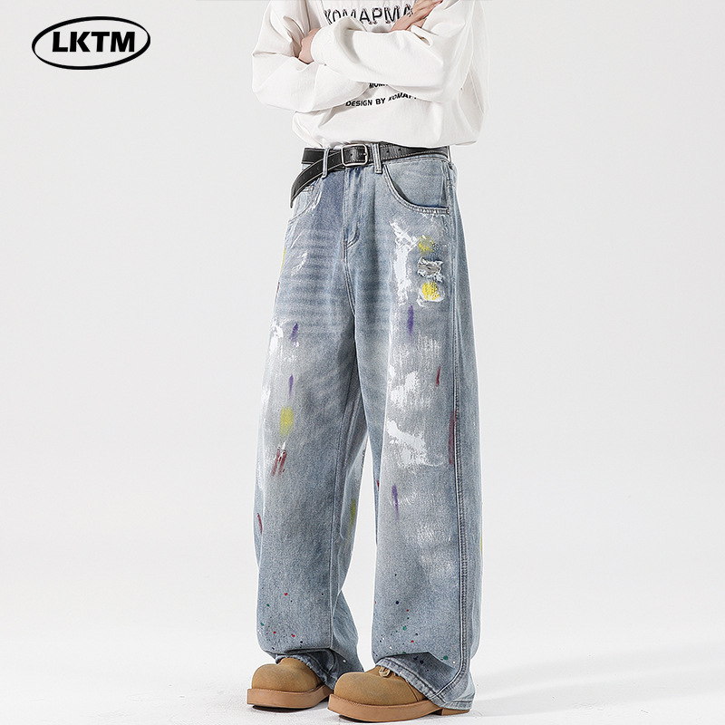 LKTM男装#美式复古小众设计感涂鸦牛仔裤男女宽松直筒中腰拖地裤