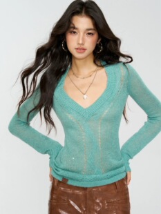 现货4muggle绞花细闪针织毛衣修身辣妹显瘦打底气质内搭上衣