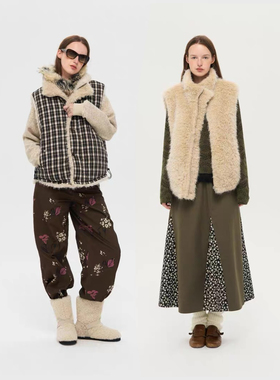 现货local tag雪地旅行松软毛绒搭配色织格纹夹棉双面穿保暖马甲